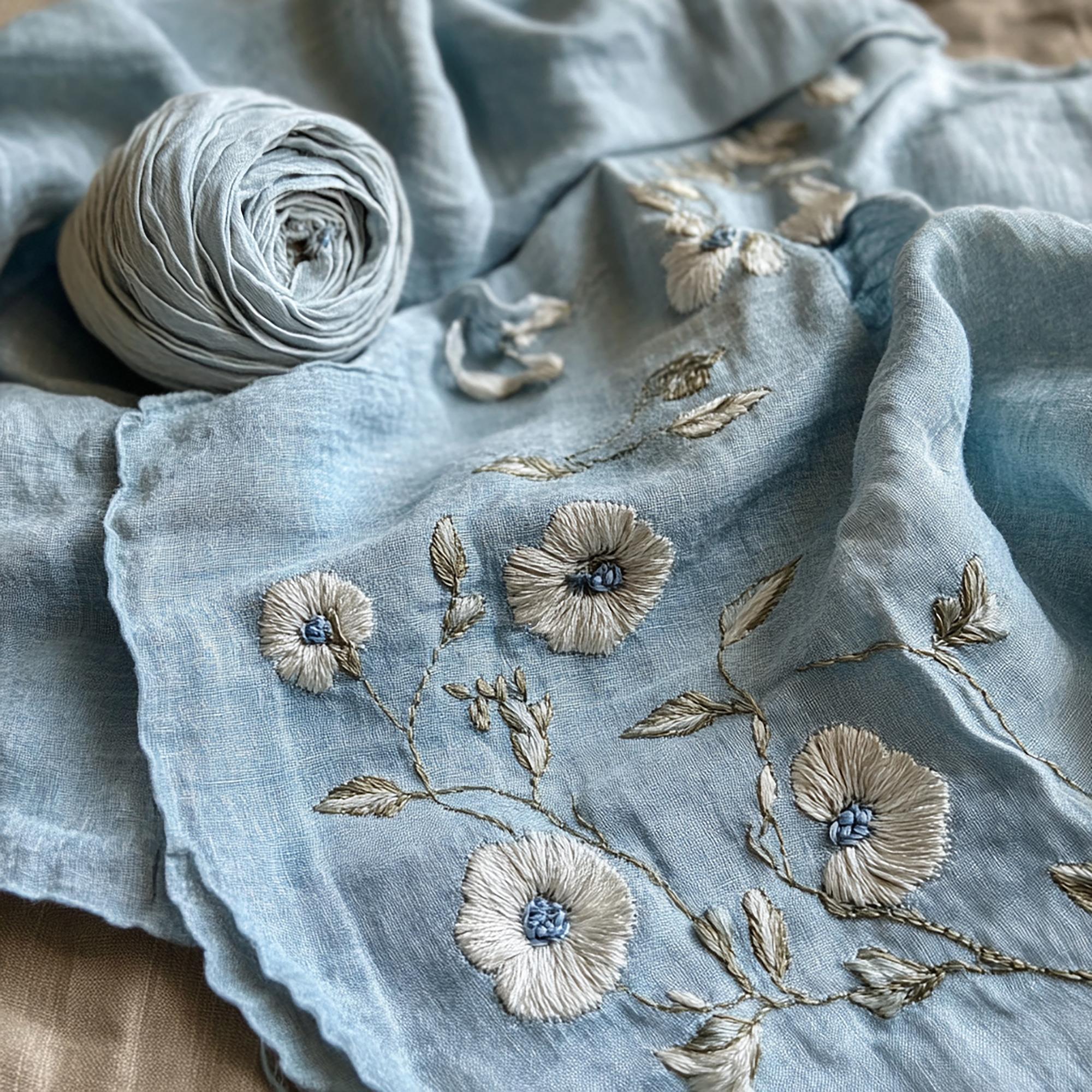 Detailed floral embroidery on linen