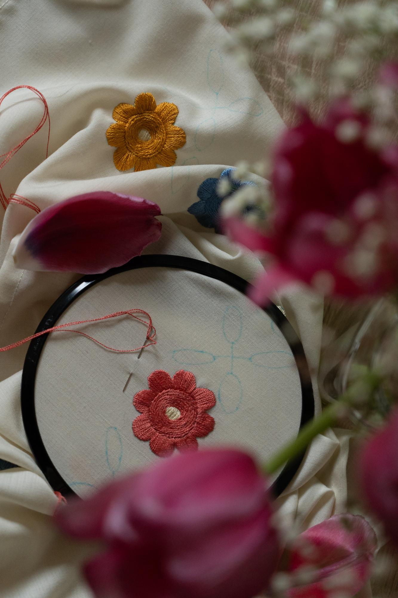Close-up of hand embroidery hoop with floral stitch